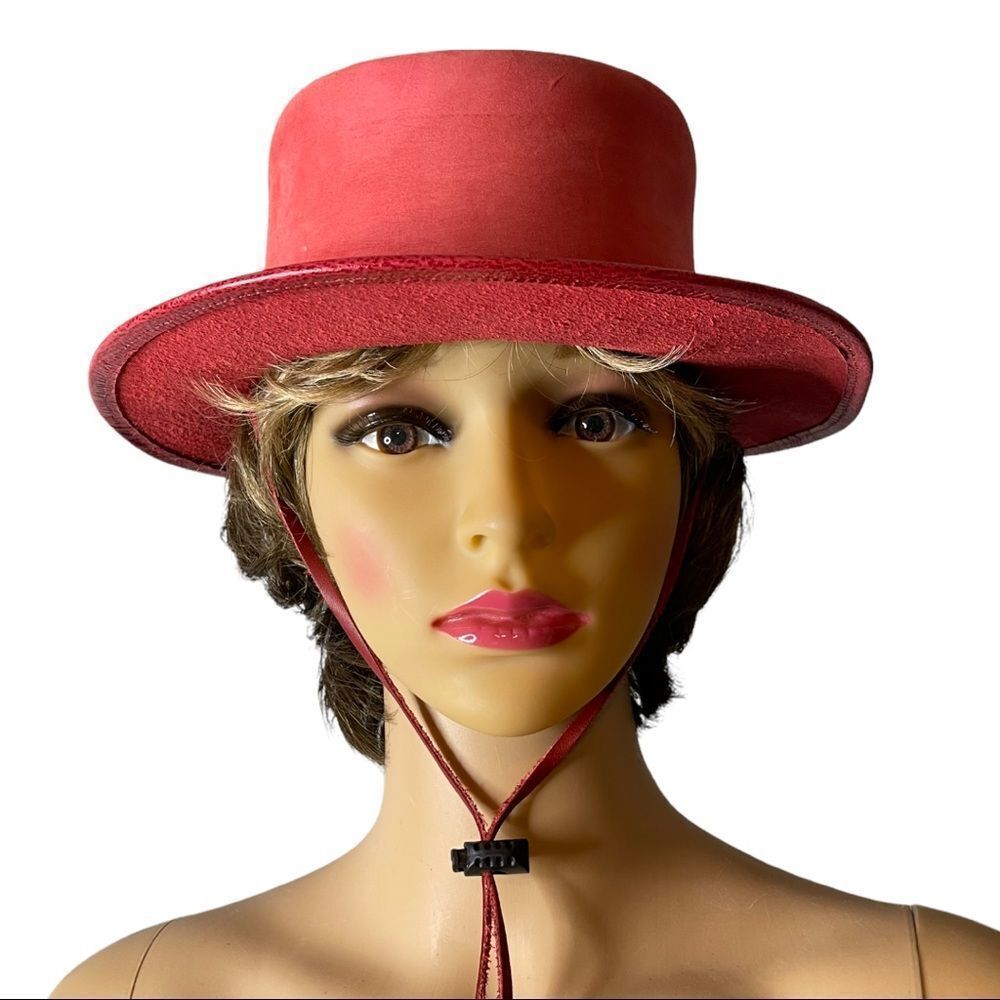 Dusty Red Suede Leather Boater Hat with Flat Top Stiff Brim